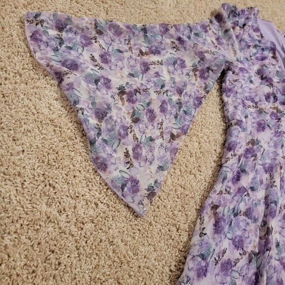 Double Crazy Dress 2xl Knee Length Chiffon Purple Floral Cottagecore Bell Sleeve - Picture 5 of 6